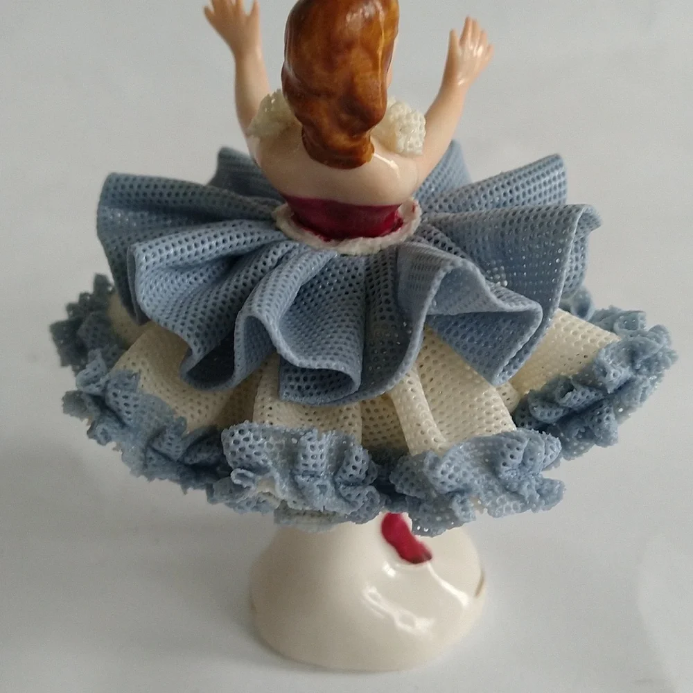 Vintage Dresden Lace Lady Figurine Ballerina Dancer Blue White Porcelain